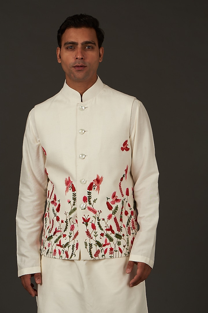Ivory Linen Resham Thread Embroidered Nehru Jacket by Rohit Bal Men at Pernia's Pop Up Shop
