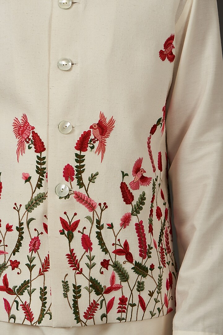 Ivory Linen Resham Thread Embroidered Nehru Jacket by Rohit Bal Men at Pernia's Pop Up Shop