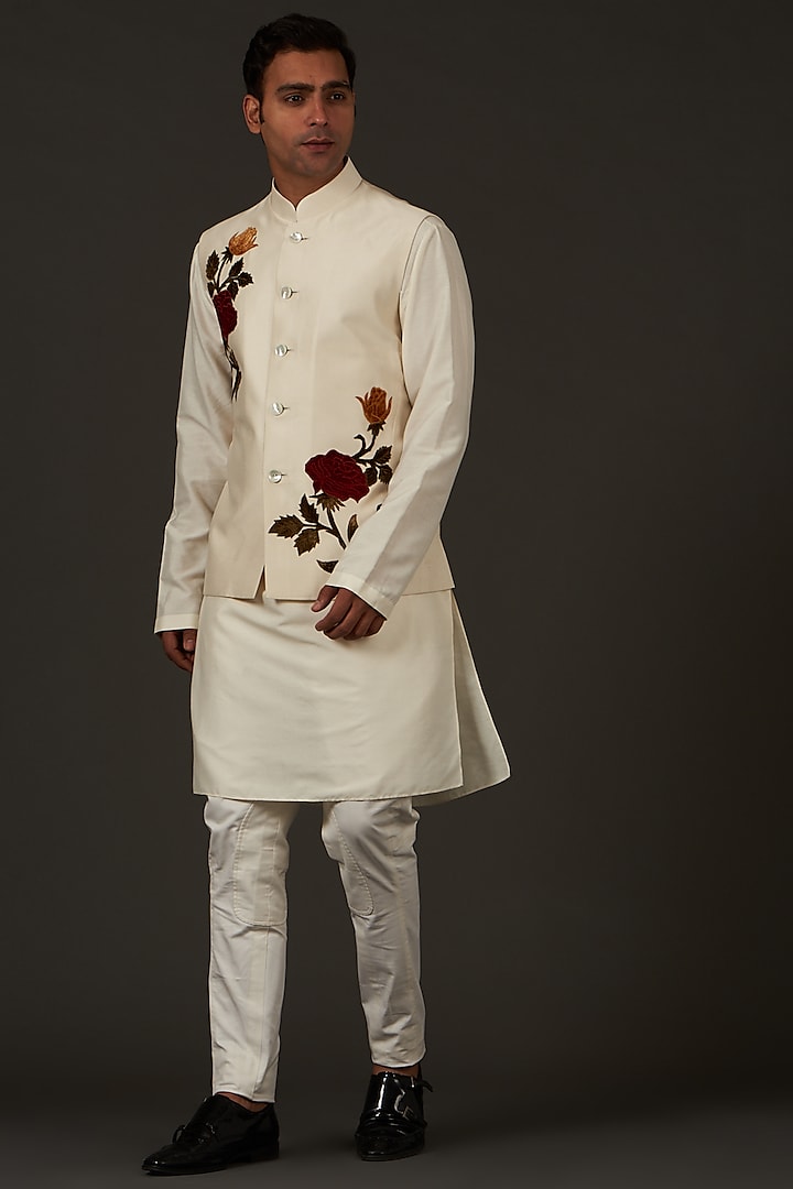 Ivory Hand Embroidered Nehru Jacket by Rohit Bal Men