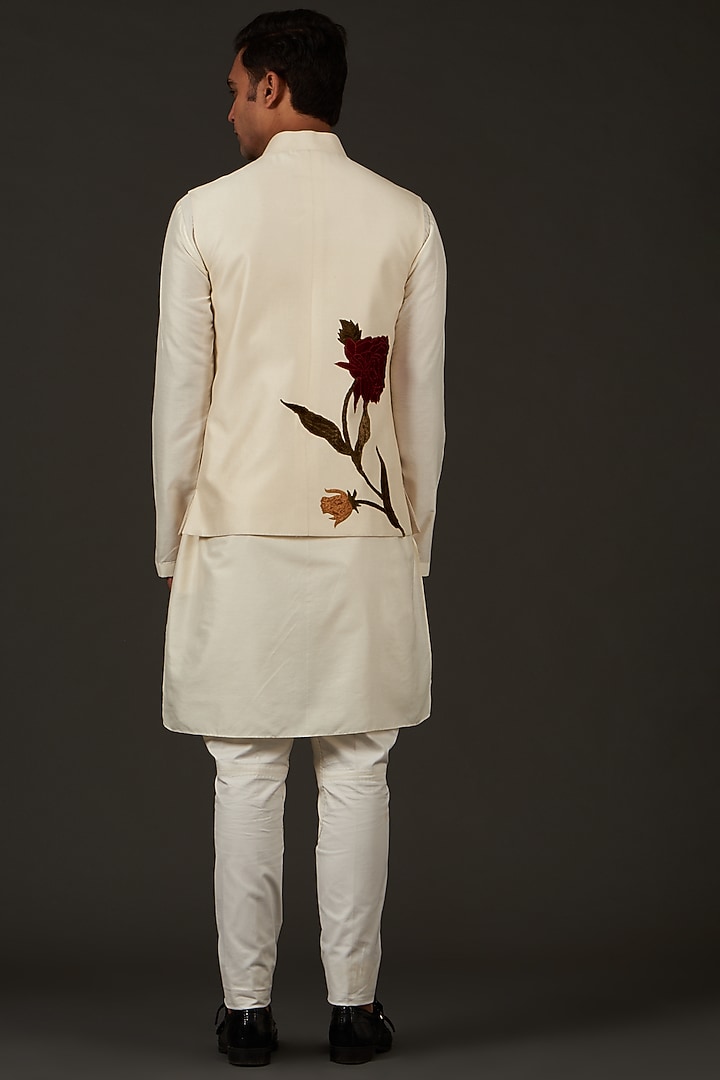 Ivory Linen Hand Embroidered Nehru Jacket by Rohit Bal Men at Pernia's Pop Up Shop