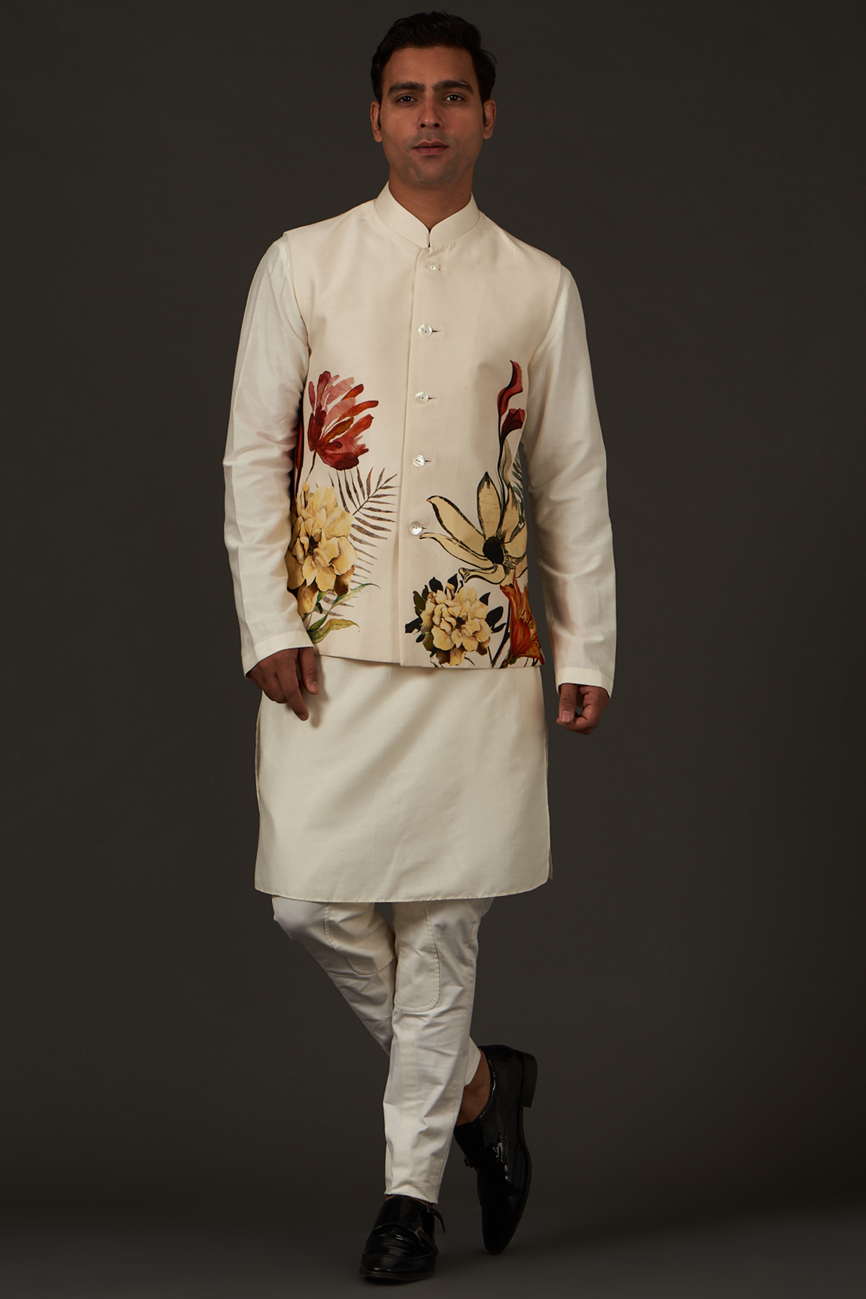 Ivory Linen Printed Nehru Jacket by Rohit Bal Men at Pernia's Pop Up Shop