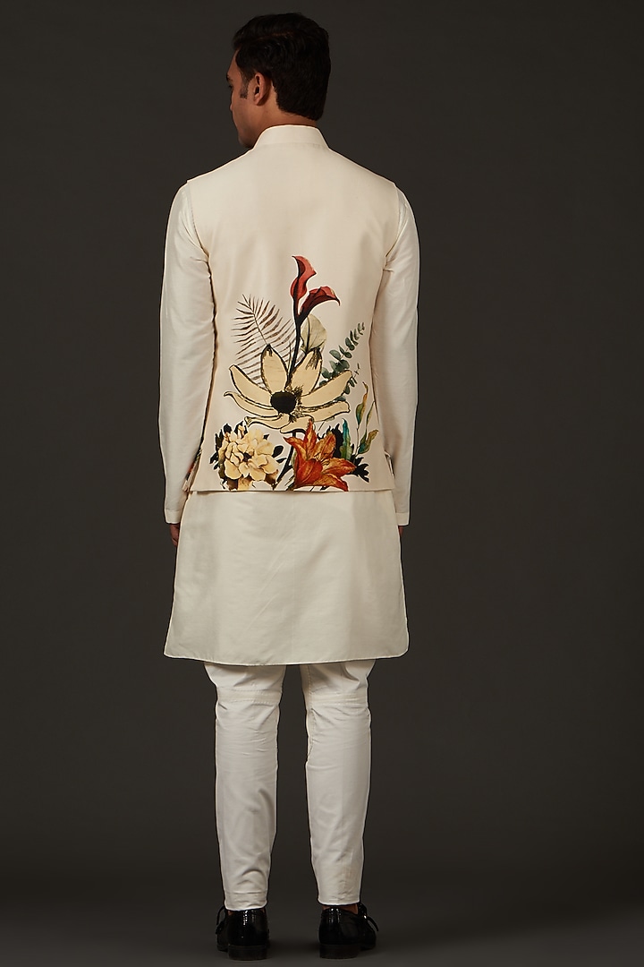 Ivory Linen Printed Nehru Jacket by Rohit Bal Men at Pernia's Pop Up Shop