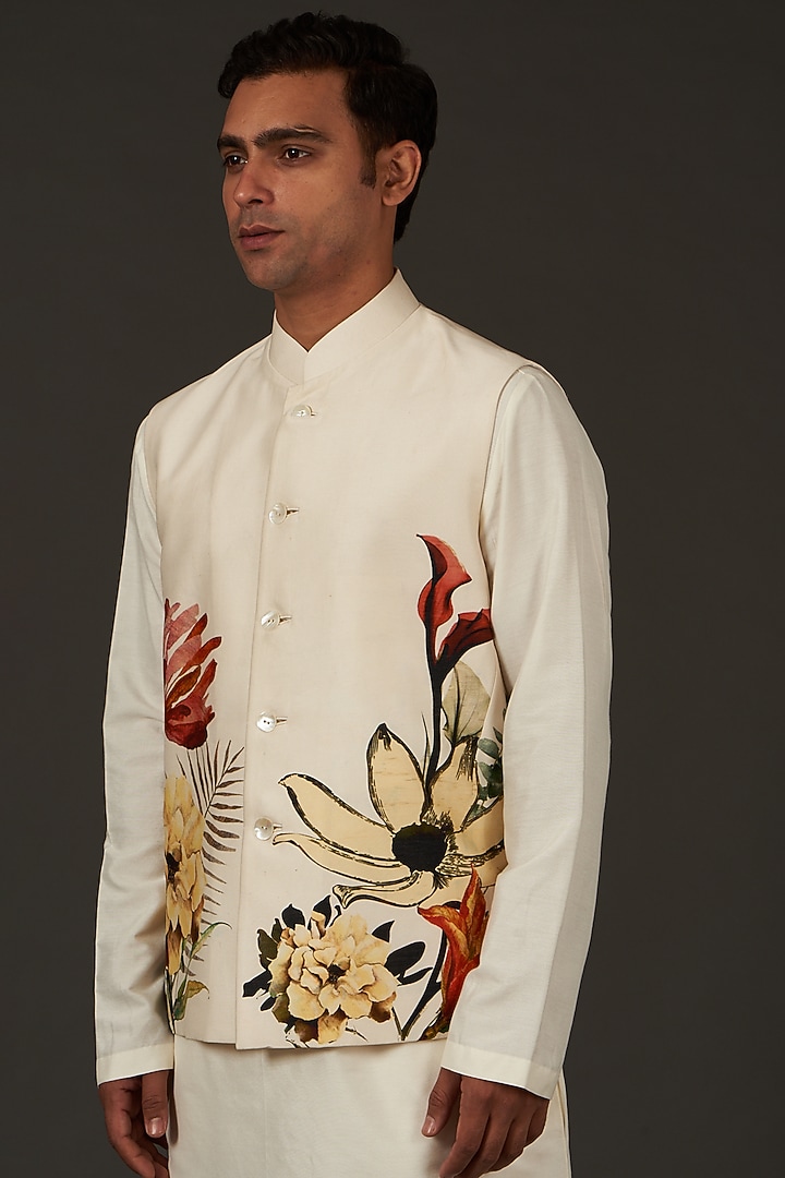 Ivory Linen Printed Nehru Jacket by Rohit Bal Men at Pernia's Pop Up Shop