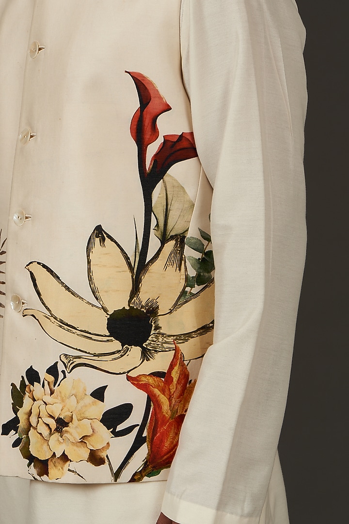Ivory Linen Printed Nehru Jacket by Rohit Bal Men at Pernia's Pop Up Shop