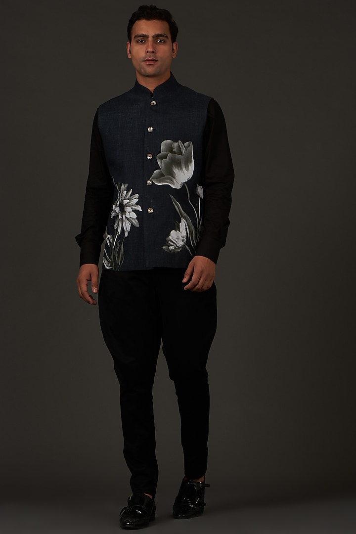 Black Linen Printed Nehru Jacket by Rohit Bal Men