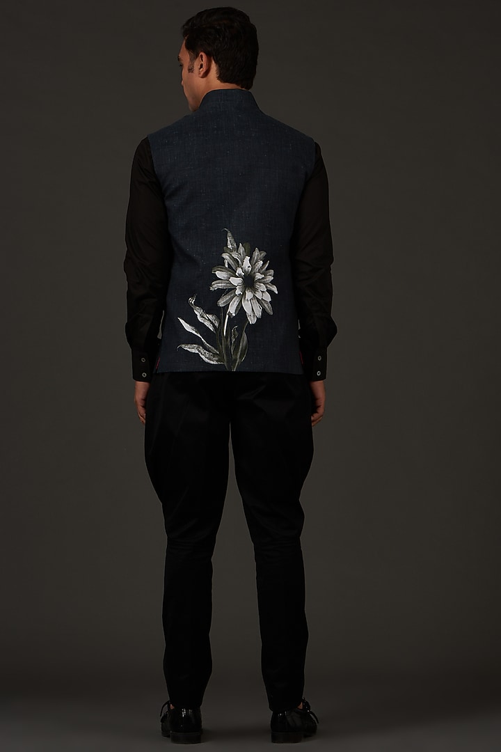 Black Linen Printed Nehru Jacket by Rohit Bal Men at Pernia's Pop Up Shop
