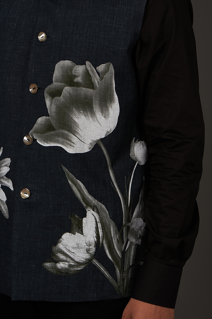 Black Linen Printed Nehru Jacket by Rohit Bal Men at Pernia's Pop Up Shop