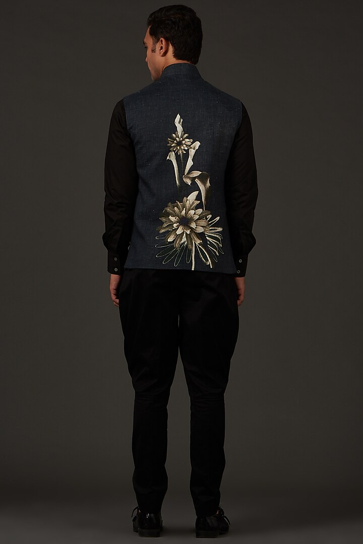 Black Linen Printed Nehru Jacket by Rohit Bal Men at Pernia's Pop Up Shop