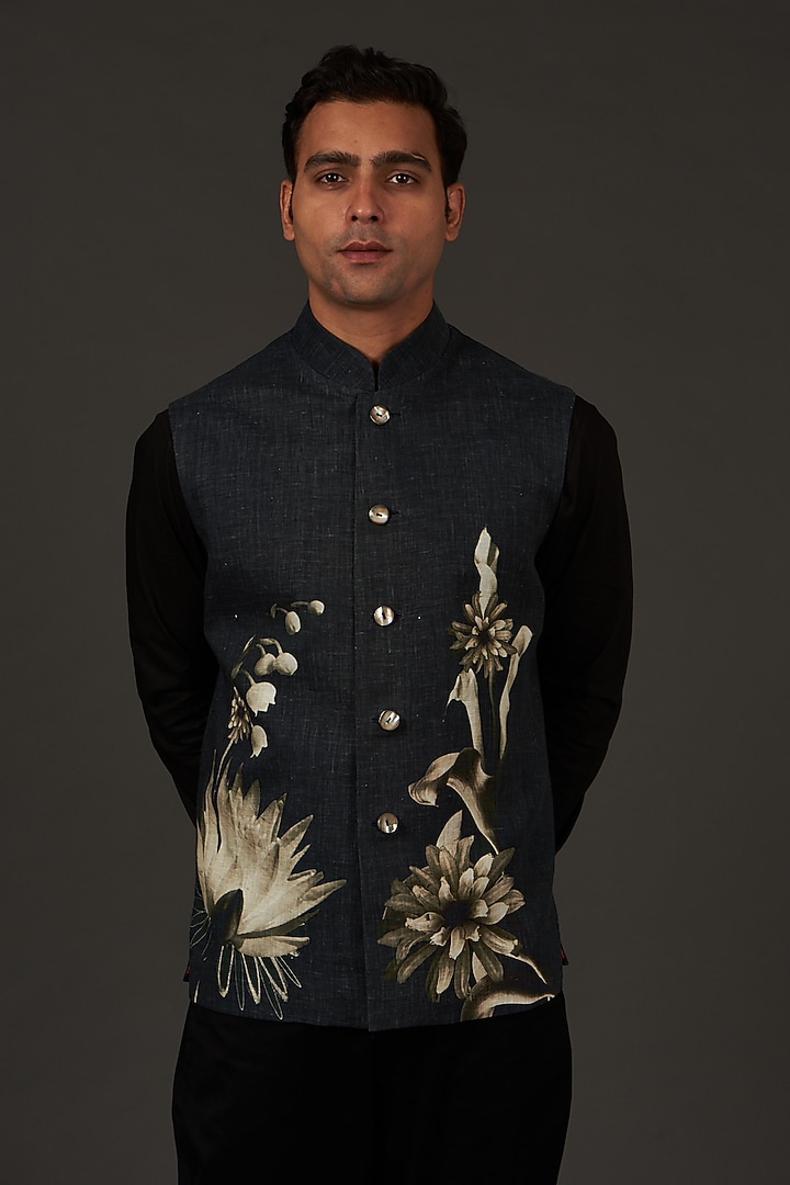Black Linen Printed Nehru Jacket by Rohit Bal Men at Pernia's Pop Up Shop