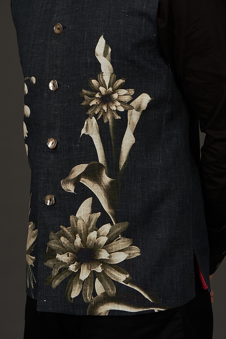 Black Linen Printed Nehru Jacket by Rohit Bal Men at Pernia's Pop Up Shop