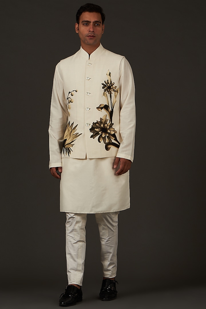 Ivory Nehru Jacket With Print by Rohit Bal Men