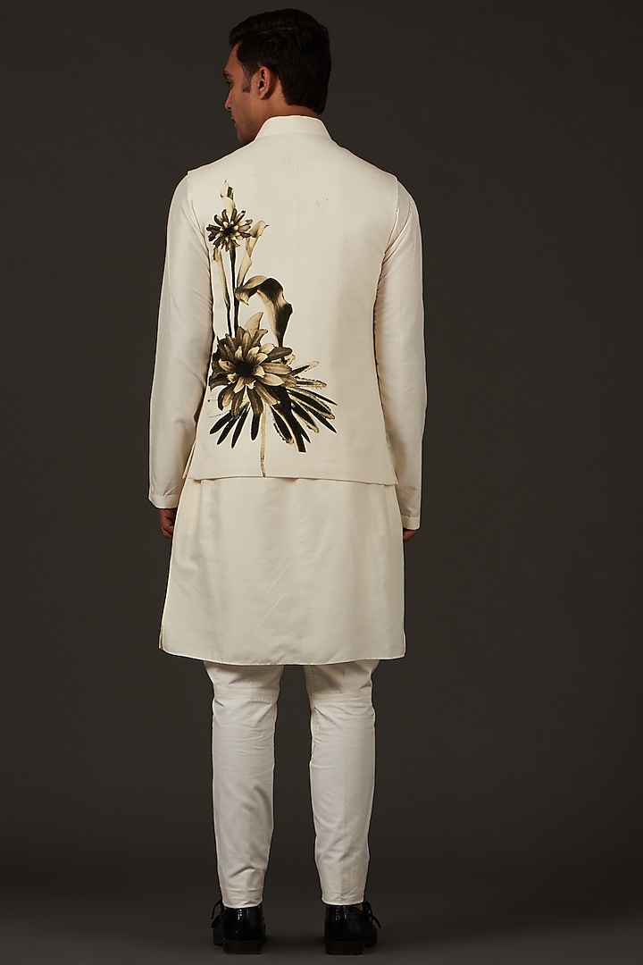 Ivory Linen Printed Nehru Jacket by Rohit Bal Men at Pernia's Pop Up Shop