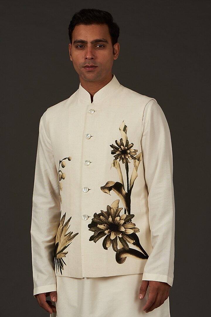 Ivory Linen Printed Nehru Jacket by Rohit Bal Men at Pernia's Pop Up Shop