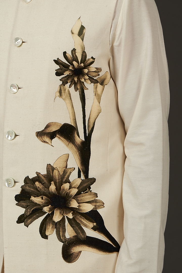 Ivory Linen Printed Nehru Jacket by Rohit Bal Men at Pernia's Pop Up Shop