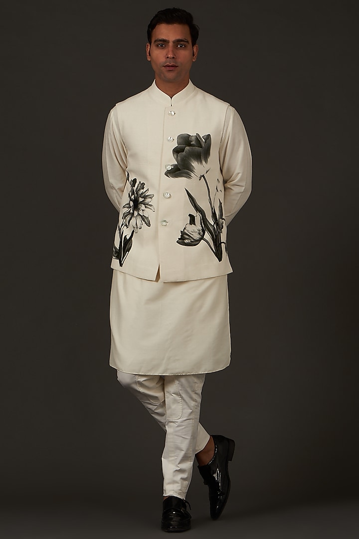 Ivory Nehru Jacket In Linen by Rohit Bal Men