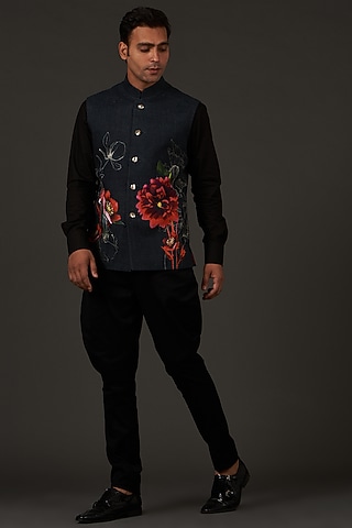 Black Linen Printed Nehru Jacket by Rohit Bal Men