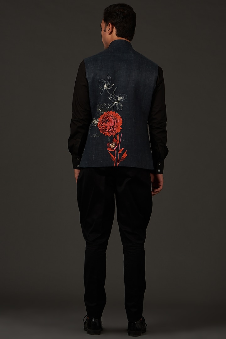 Black Linen Printed Nehru Jacket by Rohit Bal Men at Pernia's Pop Up Shop