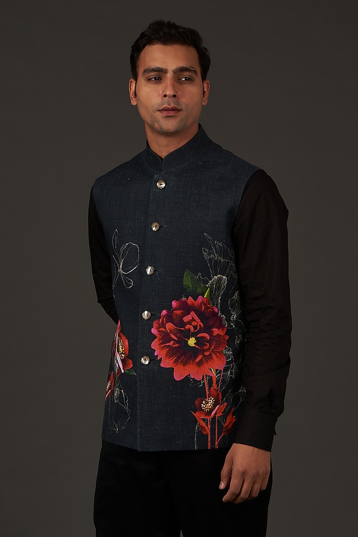 Black Linen Printed Nehru Jacket by Rohit Bal Men at Pernia's Pop Up Shop