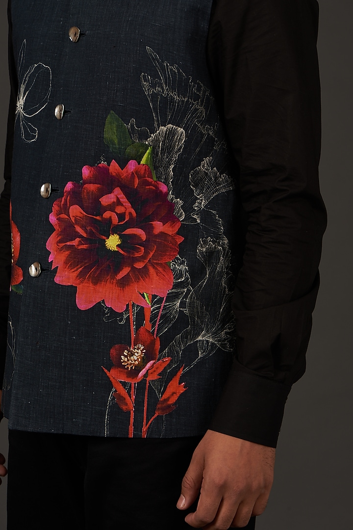 Black Linen Printed Nehru Jacket by Rohit Bal Men at Pernia's Pop Up Shop