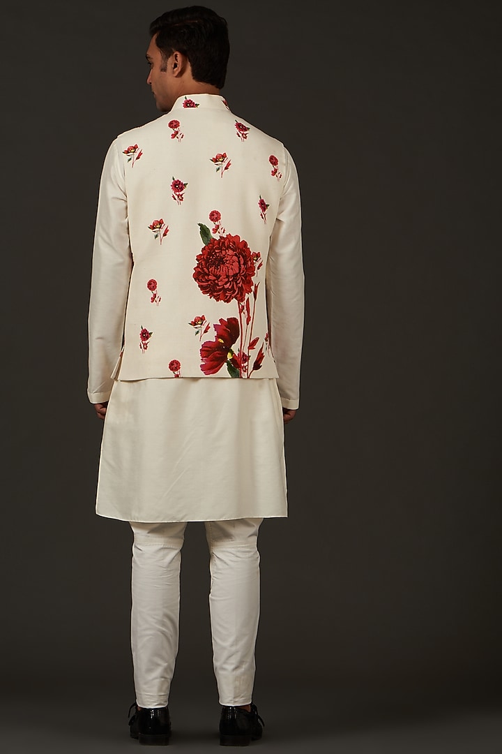 Ivory Linen Printed Nehru Jacket by Rohit Bal Men at Pernia's Pop Up Shop