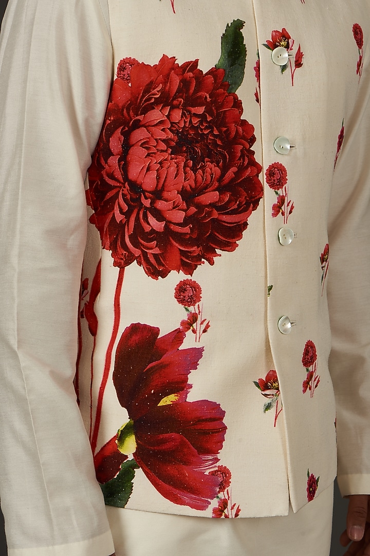 Ivory Linen Printed Nehru Jacket by Rohit Bal Men at Pernia's Pop Up Shop