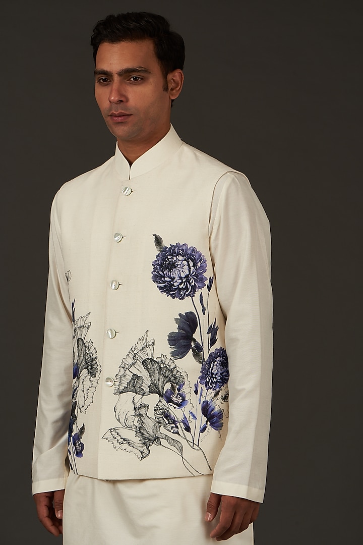 Ivory Linen Printed Nehru Jacket by Rohit Bal Men at Pernia's Pop Up Shop