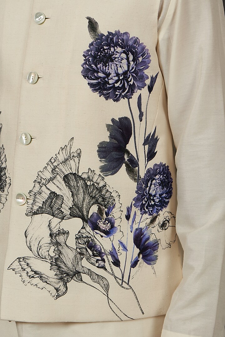 Ivory Linen Printed Nehru Jacket by Rohit Bal Men at Pernia's Pop Up Shop
