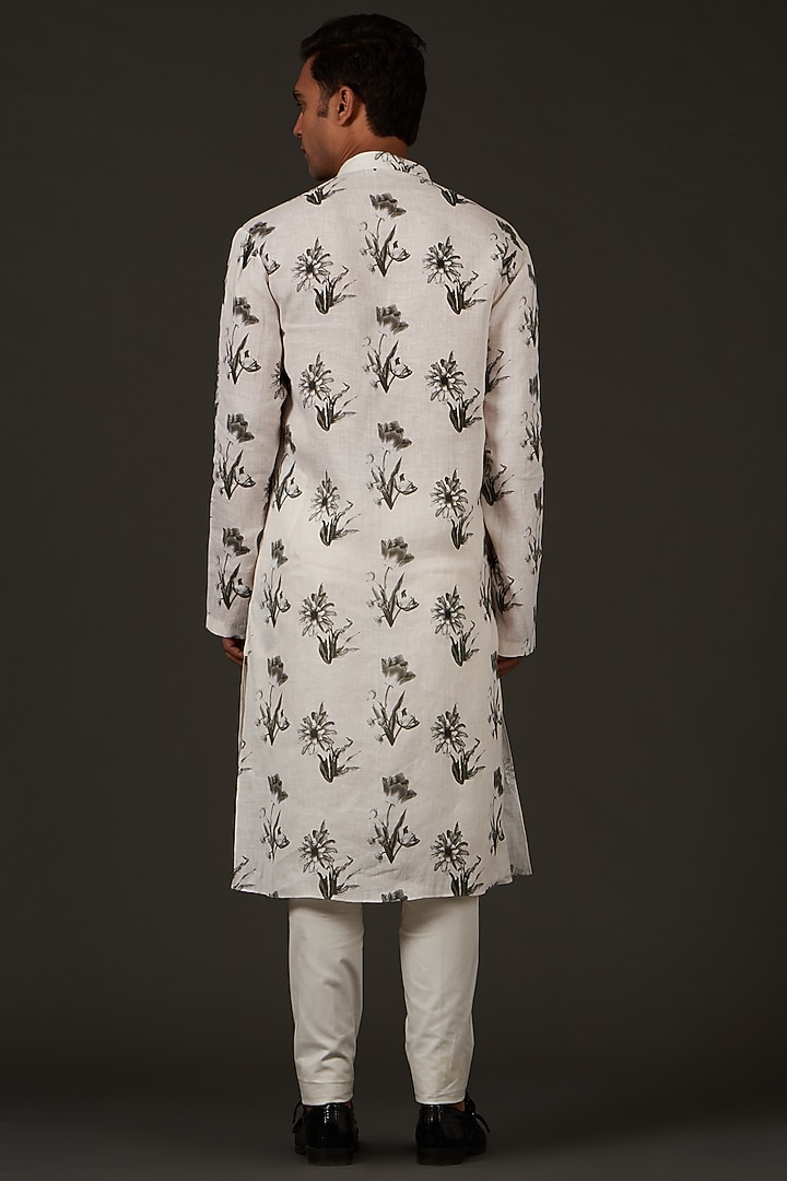 Ivory Linen Printed Kurta Set by Rohit Bal Men at Pernia's Pop Up Shop