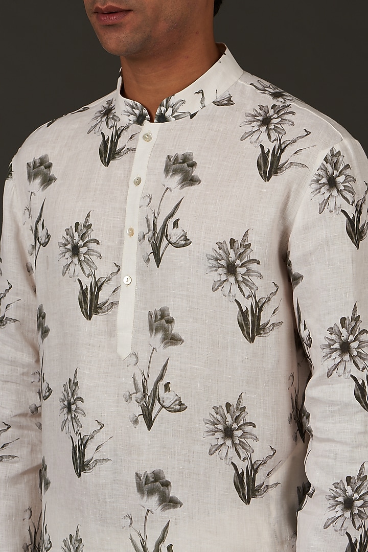 Ivory Linen Printed Kurta Set by Rohit Bal Men at Pernia's Pop Up Shop
