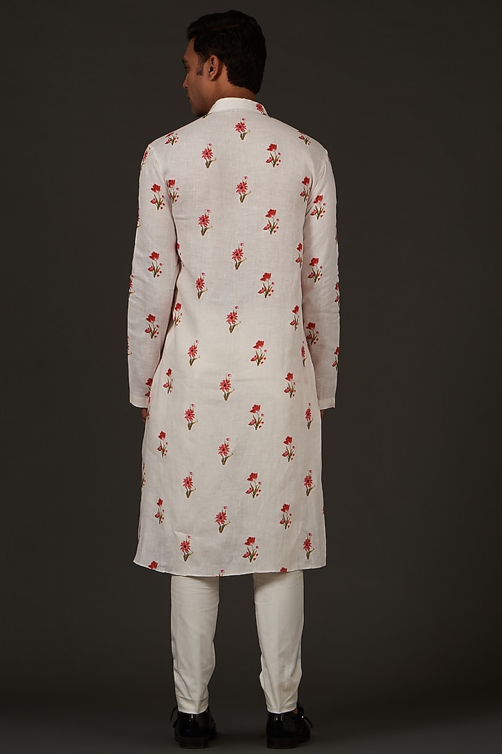 Ivory Linen Printed Kurta Set by Rohit Bal Men at Pernia's Pop Up Shop