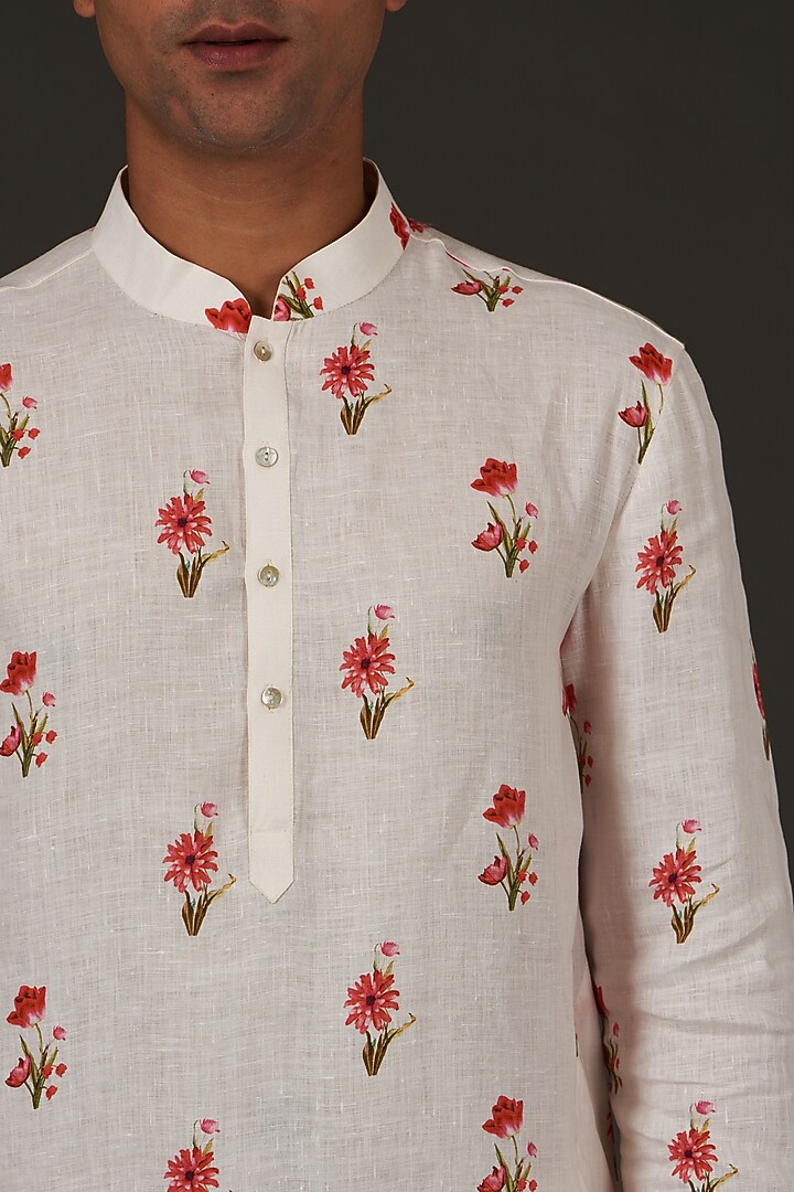 Ivory Linen Printed Kurta Set by Rohit Bal Men at Pernia's Pop Up Shop