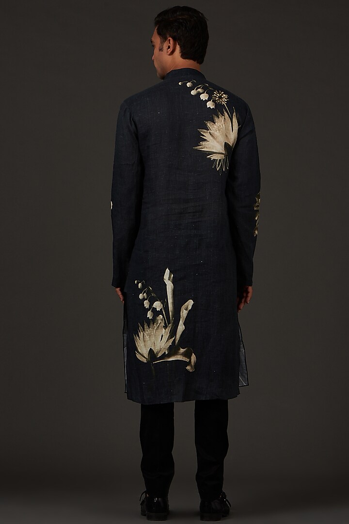 Black Linen Printed Kurta Set by Rohit Bal Men at Pernia's Pop Up Shop