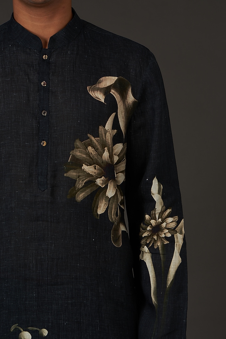 Black Linen Printed Kurta Set by Rohit Bal Men at Pernia's Pop Up Shop