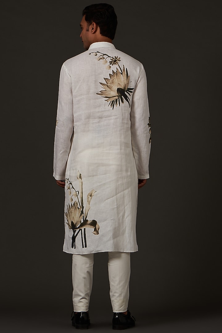 Ivory Linen Printed Kurta Set by Rohit Bal Men at Pernia's Pop Up Shop