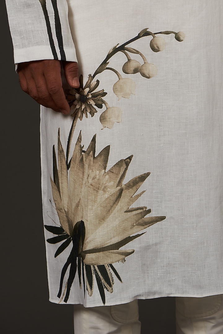 Ivory Linen Printed Kurta Set by Rohit Bal Men at Pernia's Pop Up Shop