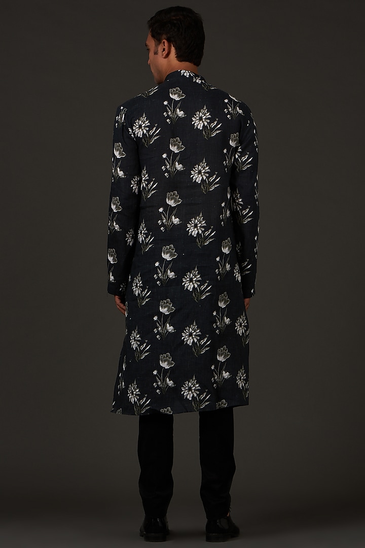 Black Linen Printed Kurta Set by Rohit Bal Men at Pernia's Pop Up Shop