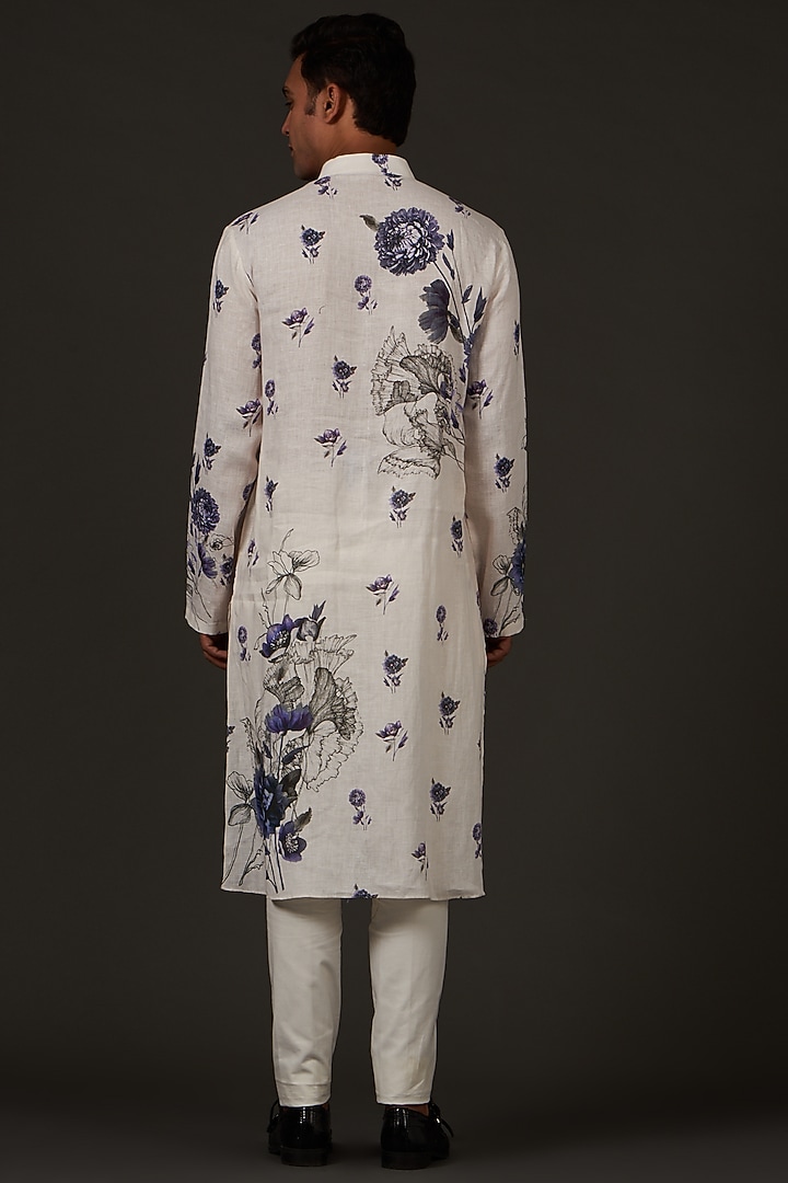 Ivory Linen Printed Kurta Set by Rohit Bal Men at Pernia's Pop Up Shop
