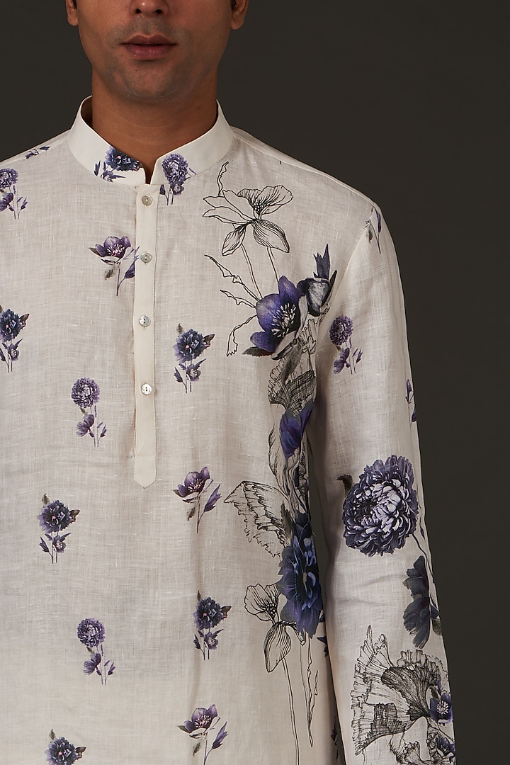 Ivory Linen Printed Kurta Set by Rohit Bal Men at Pernia's Pop Up Shop
