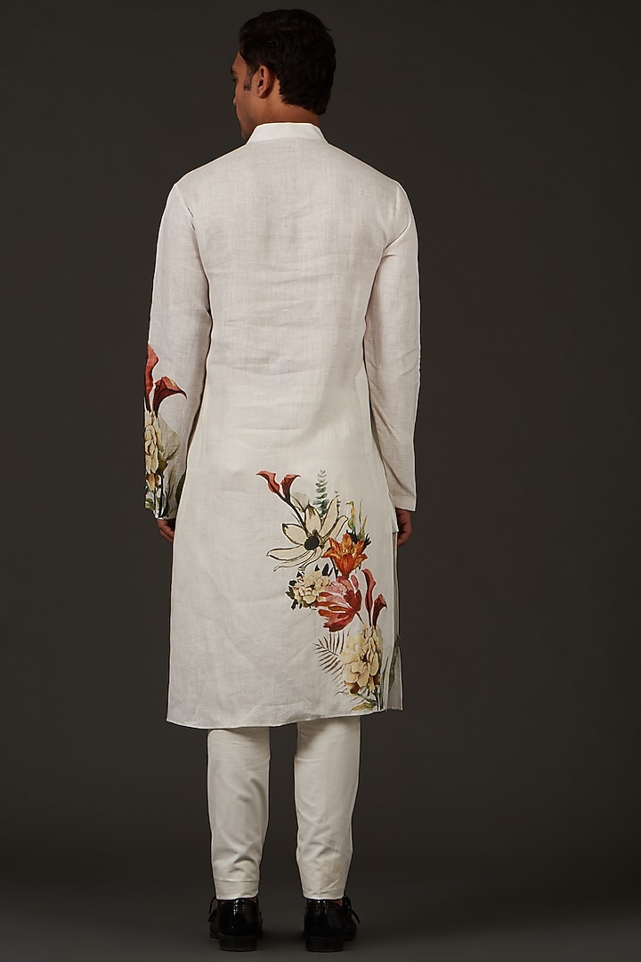 Ivory Linen Printed Kurta Set by Rohit Bal Men at Pernia's Pop Up Shop