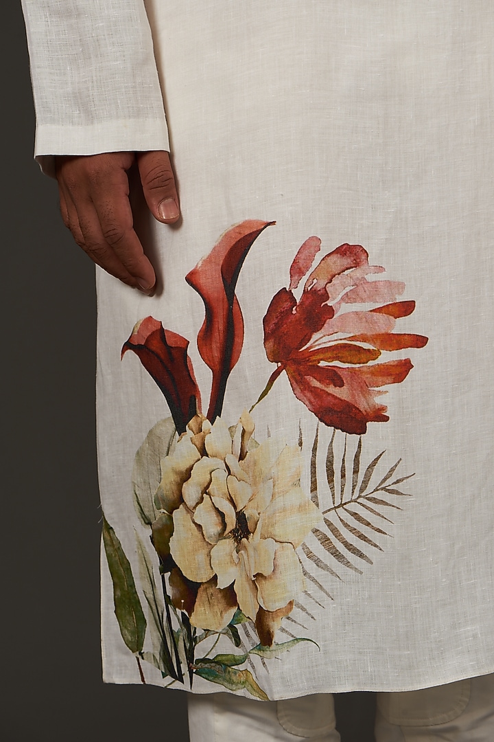Ivory Linen Printed Kurta Set by Rohit Bal Men at Pernia's Pop Up Shop
