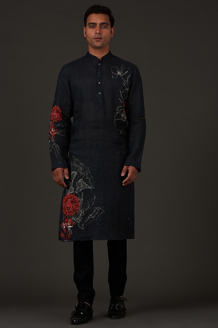 Black Printed Linen Kurta Set by Rohit Bal Men