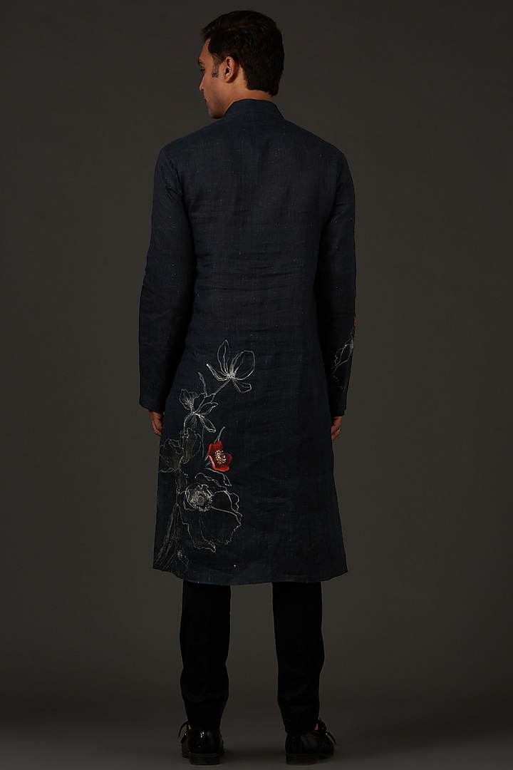 Black Linen Printed Kurta Set by Rohit Bal Men at Pernia's Pop Up Shop