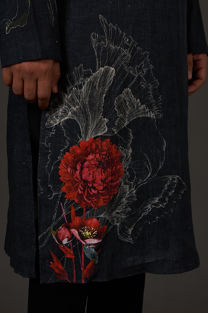 Black Linen Printed Kurta Set by Rohit Bal Men at Pernia's Pop Up Shop