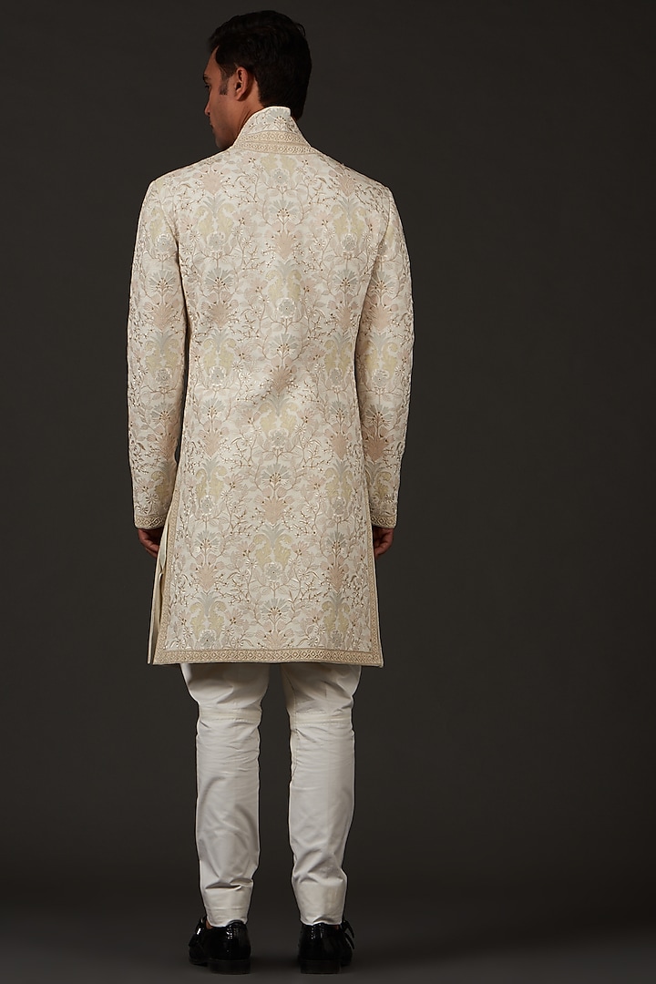 Ivory Matka Silk Hand Embroidered Groom Sherwani by Rohit Bal Men at Pernia's Pop Up Shop