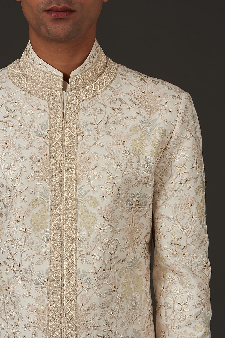 Ivory Matka Silk Hand Embroidered Groom Sherwani by Rohit Bal Men at Pernia's Pop Up Shop