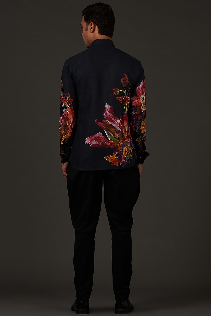 Black Satin Poplin Floral Printed Party Wear Shirt by Balance by Rohit Bal Men at Pernia's Pop Up Shop