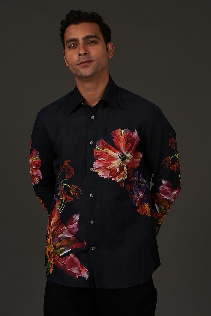 Black Satin Poplin Floral Printed Party Wear Shirt by Balance by Rohit Bal Men at Pernia's Pop Up Shop