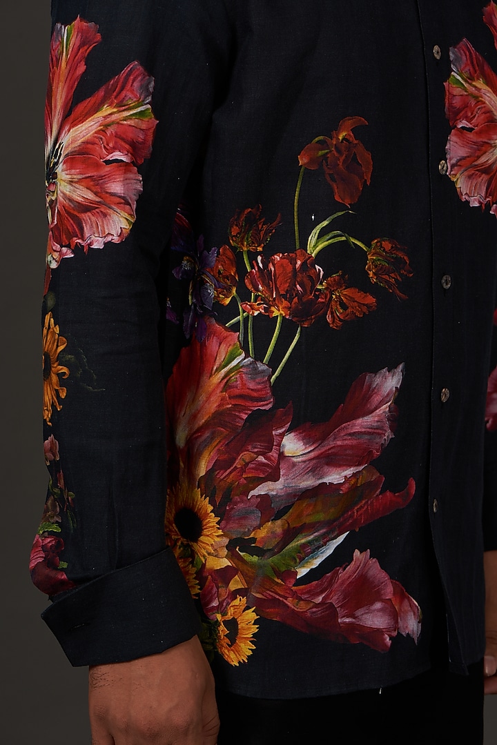 Black Satin Poplin Floral Printed Party Wear Shirt by Balance by Rohit Bal Men at Pernia's Pop Up Shop