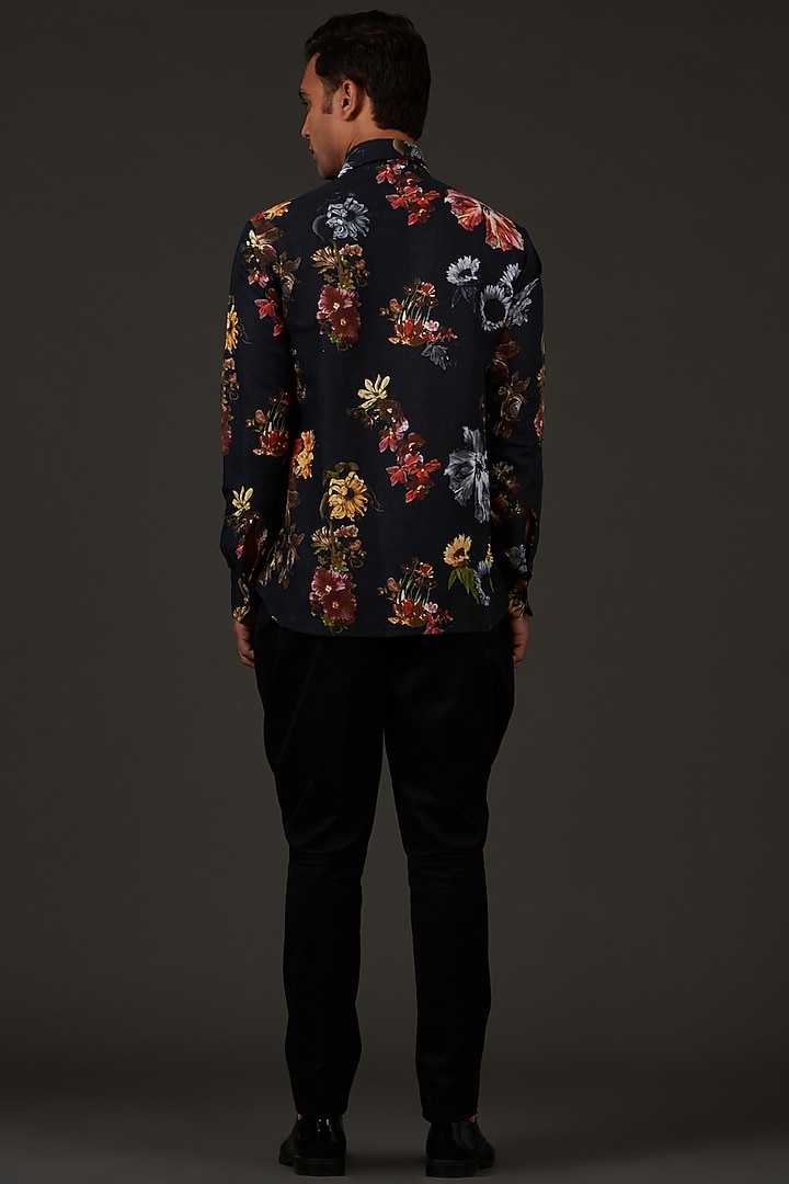 Black Satin Poplin Floral Printed Party Wear Shirt by Balance by Rohit Bal Men at Pernia's Pop Up Shop