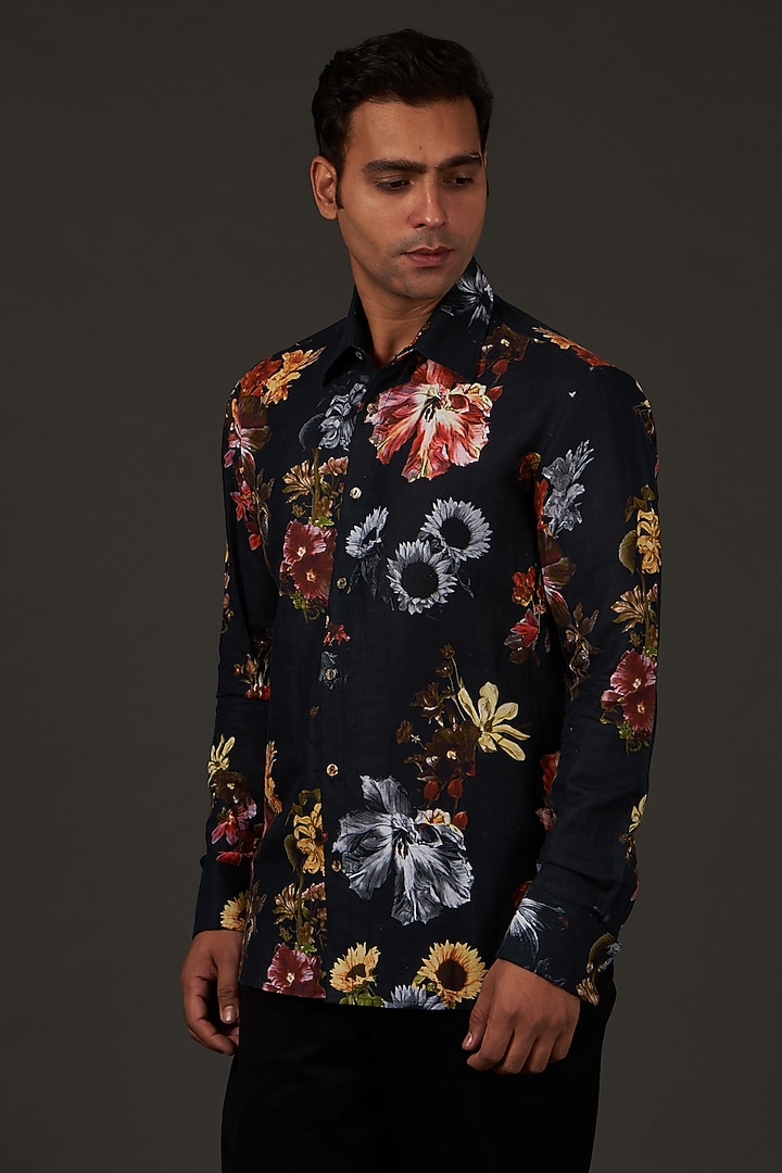 Black Satin Poplin Floral Printed Party Wear Shirt by Balance by Rohit Bal Men at Pernia's Pop Up Shop